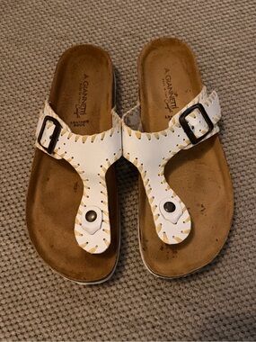 A. Giannetti White Buckle Thong Sandals